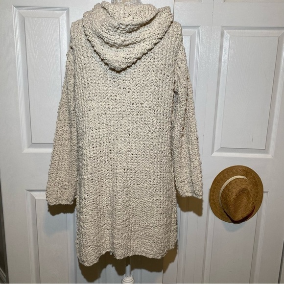 Flex Moda Natural Beige Oversized Popcorn Knit Hooded Cardigan Pockets Open M/L - Picture 8 of 16